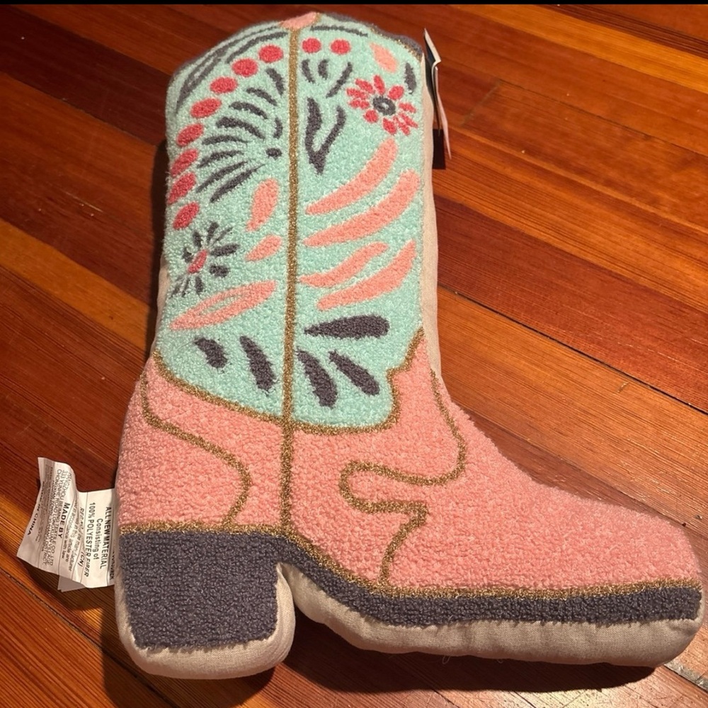 NWT Isaac Mizrahi Floral Cowboy Boot Pillow in Pink and Aqua tones